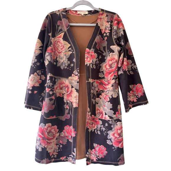 Anthropologie Solitaire Emilie Floral Faux Sueded Kimono Open Jacket S Black Pin - Picture 10 of 13